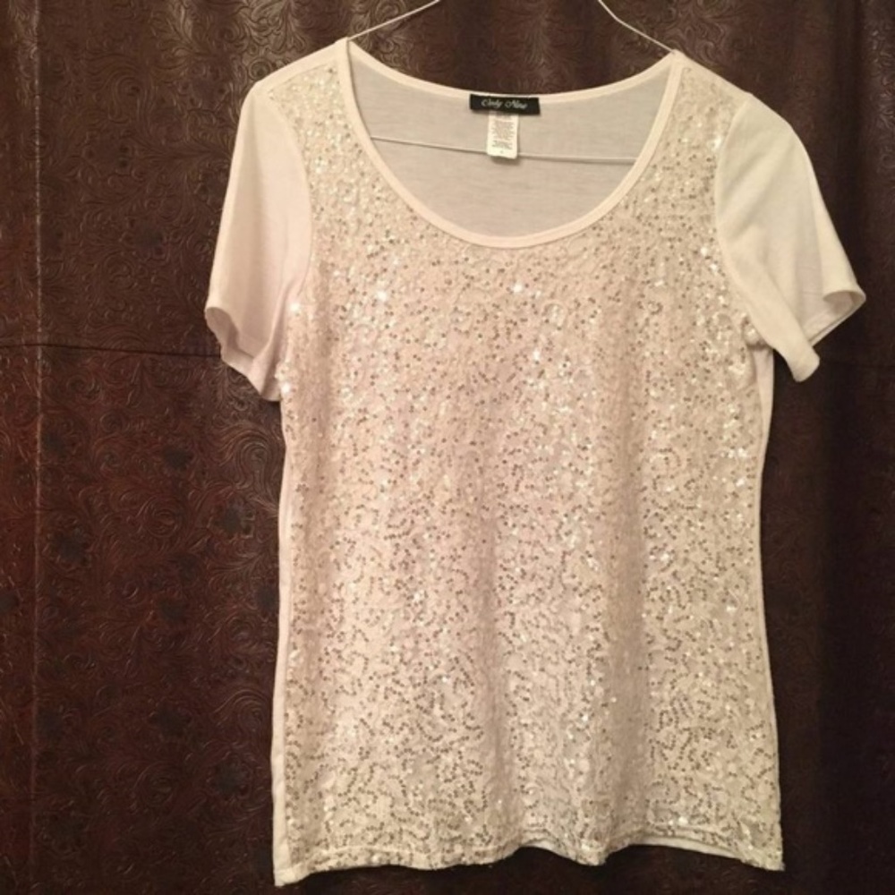 Only Nine white sequins short sleeve top L